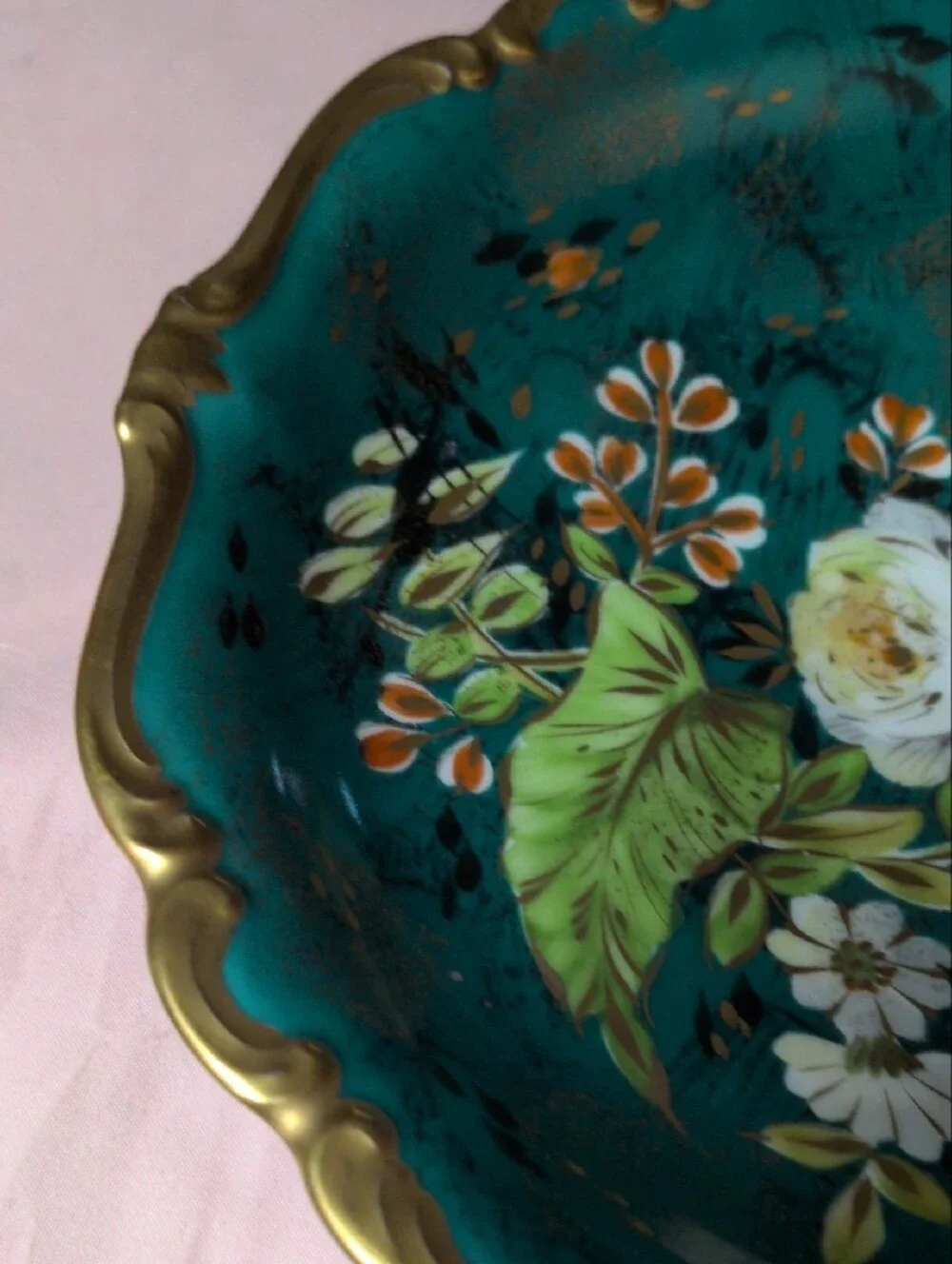 Rosen Thal Germany Hand-Painted Floral Decorative Bowl in Teal with Gold Trim